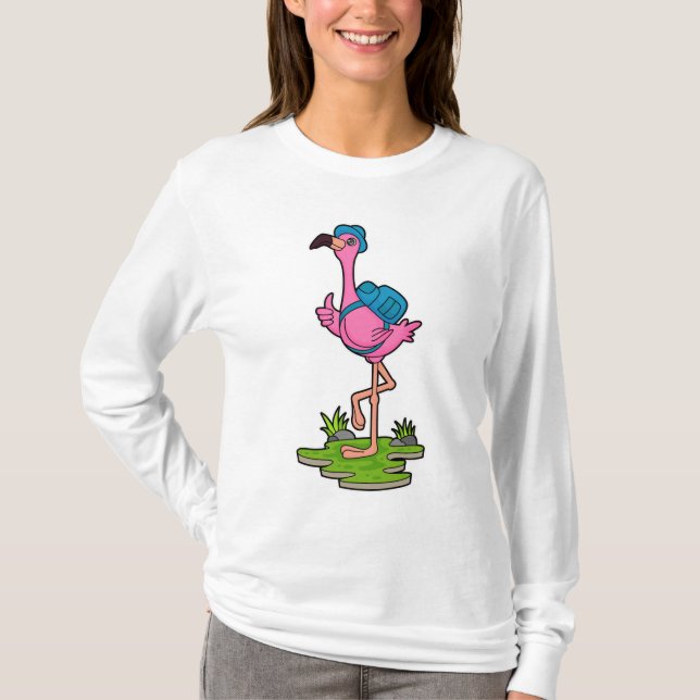 Flamingo as Hiker with Backpack T-Shirt (Front)