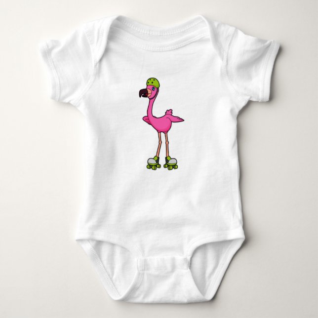 Flamingo as Skater with Roller skates & Helmet Baby Bodysuit (Front)