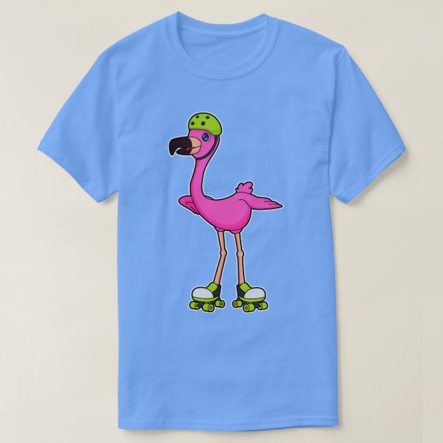 Flamingo as Skater with Roller skates Helmet T-Shirt (Design Front)