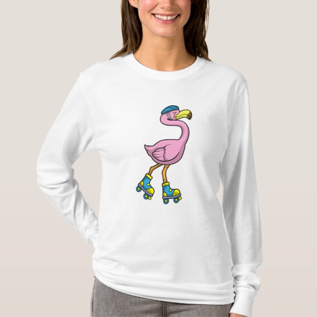 Flamingo as Skater with Skates & Helmet T-Shirt (Front)