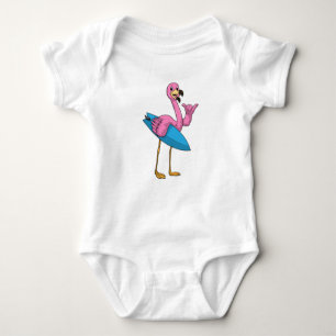 Flamingo as Surfer with Surfboard Baby Bodysuit
