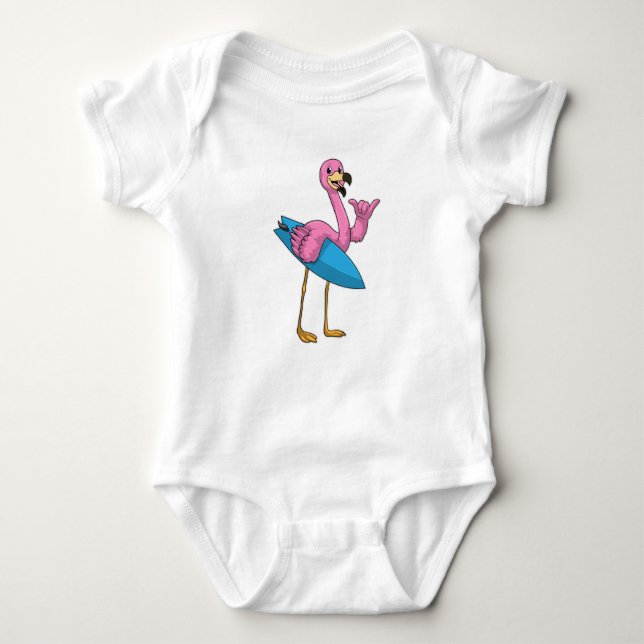 Flamingo as Surfer with Surfboard Baby Bodysuit (Front)