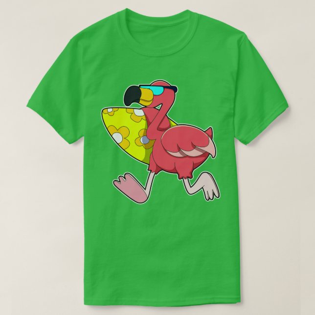 Flamingo as Surfer with Surfboard Sunglasses T-Shirt (Design Front)