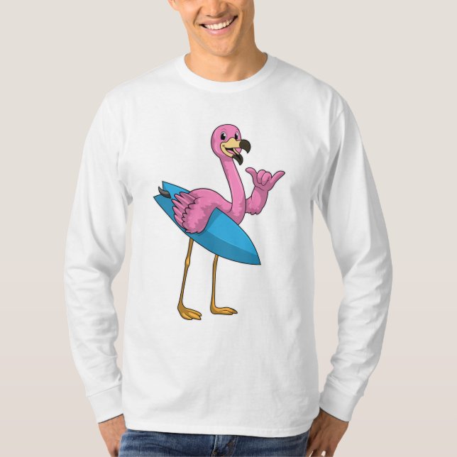 Flamingo as Surfer with Surfboard T-Shirt (Front)
