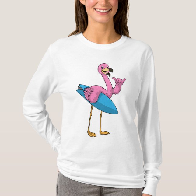 Flamingo as Surfer with Surfboard T-Shirt (Front)