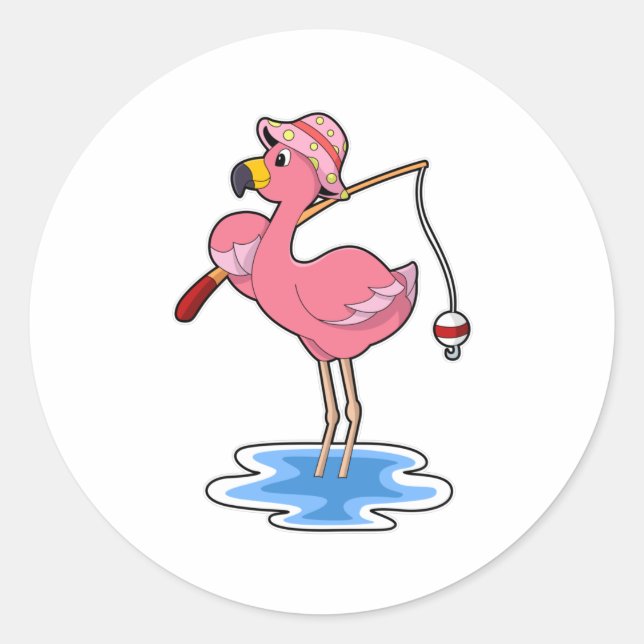 Flamingo at Fishing with Fishing rod Classic Round Sticker (Front)