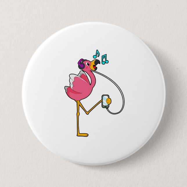 Flamingo at Music with Headphone 7.5 Cm Round Badge (Front)