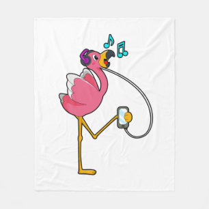 Flamingo at Music with Headphone Fleece Blanket