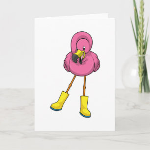 Flamingo at Raining with Rubber boots Card