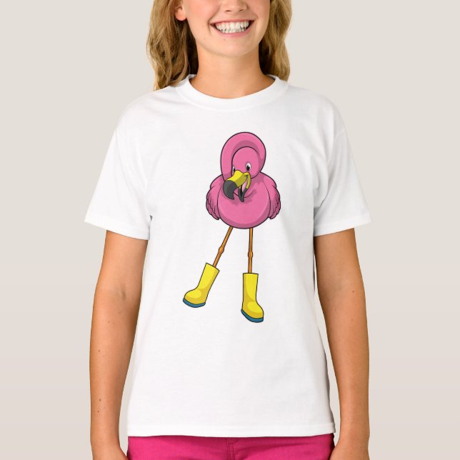 Flamingo at Raining with Rubber boots T-Shirt (Front)
