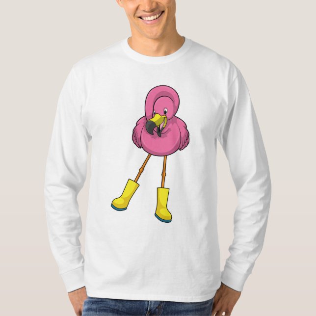 Flamingo at Raining with Rubber boots T-Shirt (Front)