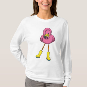 Flamingo at Raining with Rubber boots T-Shirt
