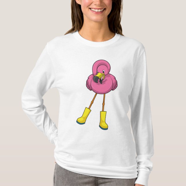 Flamingo at Raining with Rubber boots T-Shirt (Front)