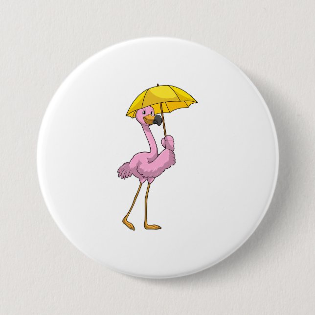 Flamingo at Raining with Umbrella 7.5 Cm Round Badge (Front)
