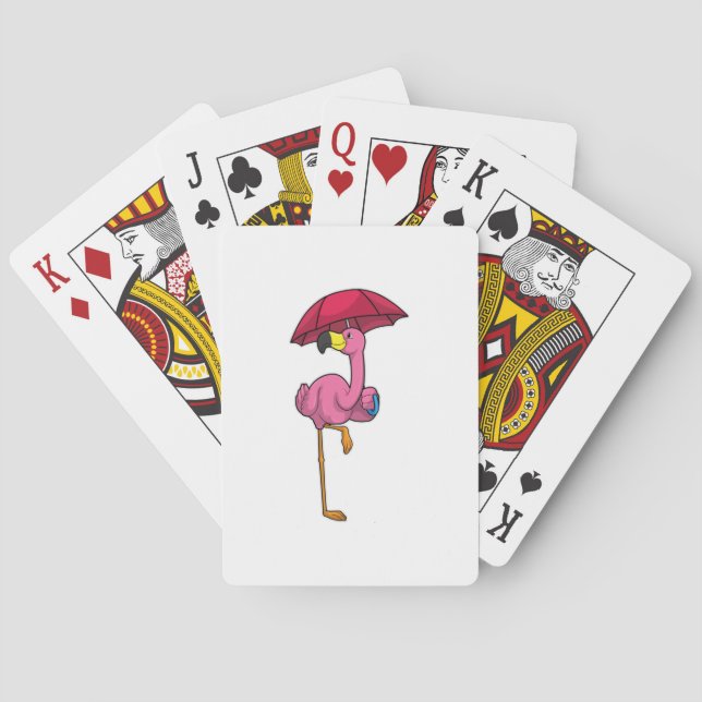 Flamingo at Raining with Umbrella Playing Cards (Back)