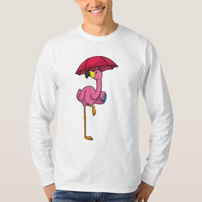 Flamingo at Raining with Umbrella T-Shirt (Front)