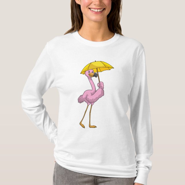 Flamingo at Raining with Umbrella T-Shirt (Front)
