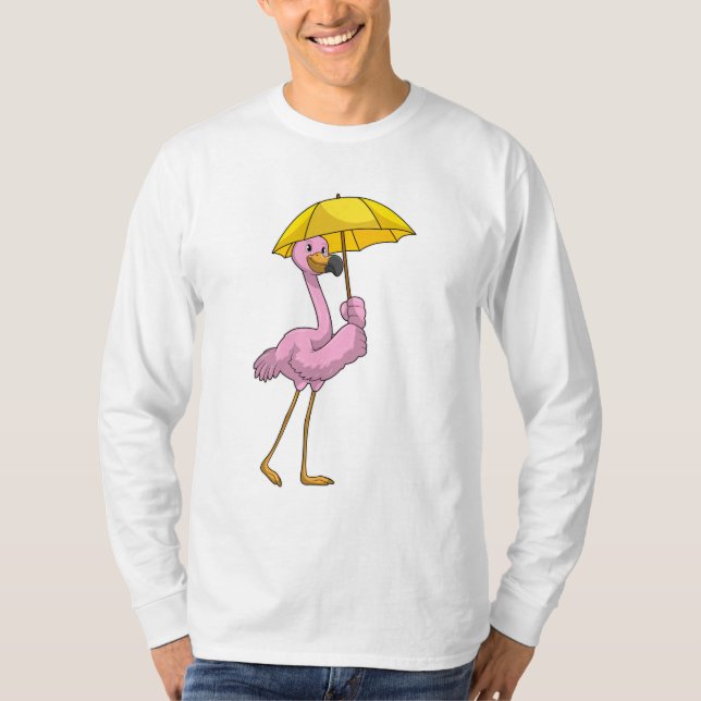 Flamingo at Raining with Umbrella T-Shirt (Front)