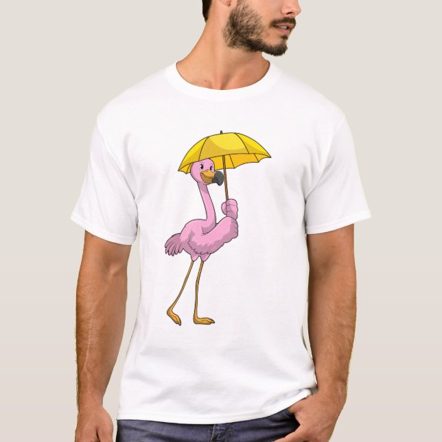 Flamingo at Raining with Umbrella T-Shirt (Front)