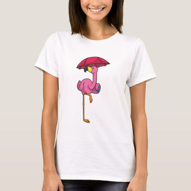 Flamingo at Raining with Umbrella T-Shirt (Front)