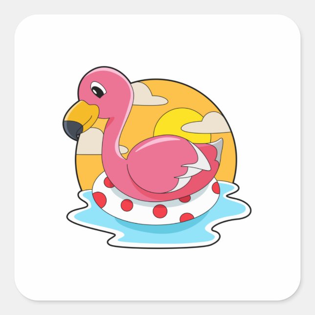 Flamingo at Swimming with Lifebuoy Square Sticker (Front)