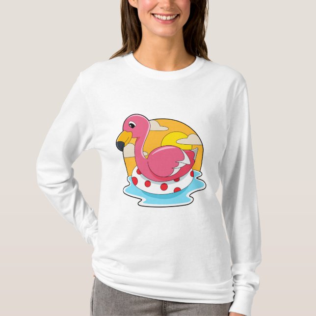 Flamingo at Swimming with Lifebuoy T-Shirt (Front)