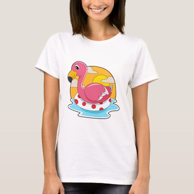 Flamingo at Swimming with Lifebuoy T-Shirt (Front)
