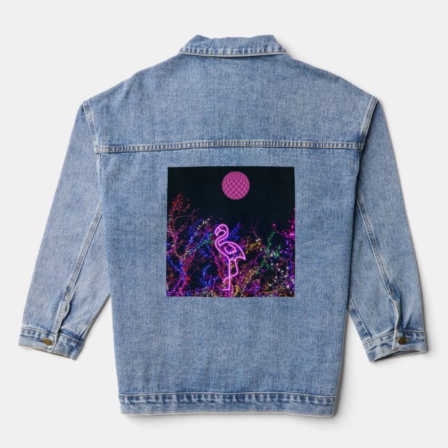 Flamingo at the dance party. denim jacket (Back)