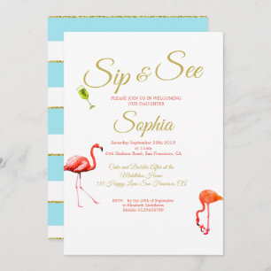 Flamingo Baby Blue Stripe Sip and See Invitation