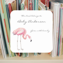 Flamingo Baby Shower bookplate sticker