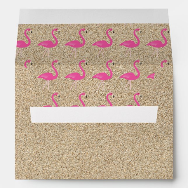 Flamingo Baby Shower Invite Envelope in beach sand (Back (Bottom))
