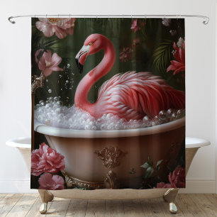 Flamingo Bathtub Floral Tropical Bathroom Art Shower Curtain