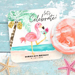 Flamingo Beach Cocktail Palm Tropical Birthday<br><div class="desc">Fun,  festive birthday paper coasters feature a pink flamingo on the beach enjoying a tropical cocktail next to a palm tree with a "let's celebrate" caption in modern,  casual handwriting script. Art by KL Stock</div>