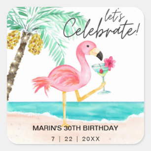 Flamingo Beach Cocktail Palm Tropical Birthday Square Sticker
