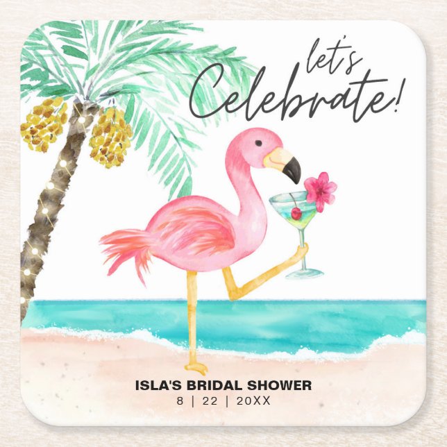 Flamingo Beach Cocktail Tropical Bridal Shower Square Paper Coaster (Front)