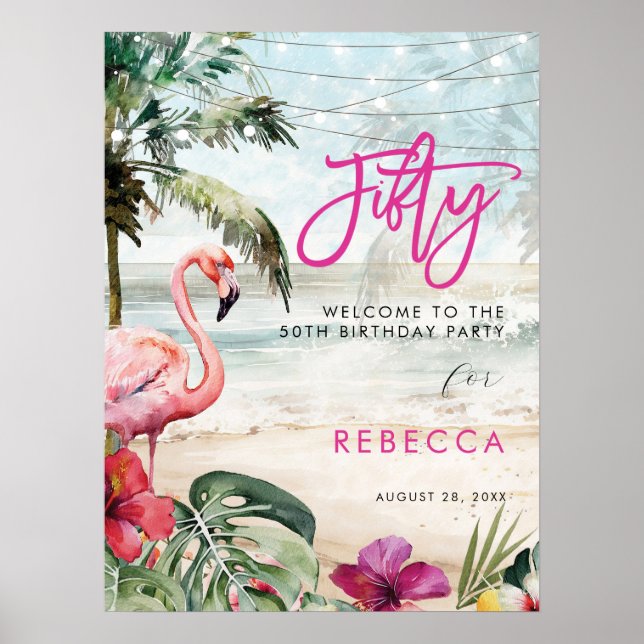 flamingo beach tropical  fifty welcome sign poster (Front)