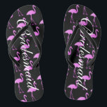 Flamingo beach wedding flip flops for bridesmaids<br><div class="desc">Elegant pink flamingo wedding flip flops for bridesmaids. Custom background and strap colour and personalised with name or monogram initials. Modern black and pink his and hers sandals with stylish script calligraphy typography. Cute party favour for beach theme wedding, marriage, bridal shower, engagement, anniversary, bbq, bachelorette, bachelor, girls weekend trip...</div>