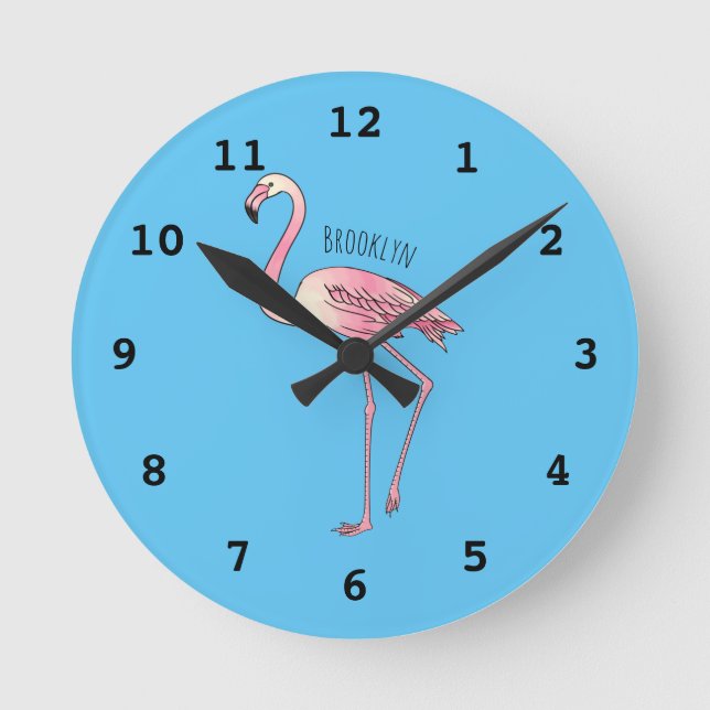 Flamingo bird cartoon illustration round clock (Front)