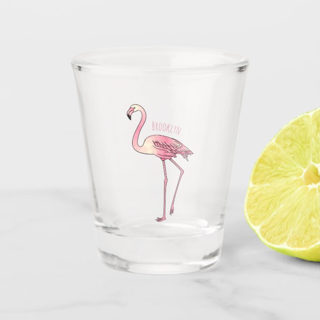 Flamingo bird cartoon illustration  shot glass (Front)