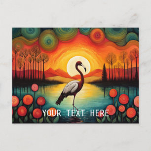 Flamingo Bird Lake Sunset Colourful Floral Postcard