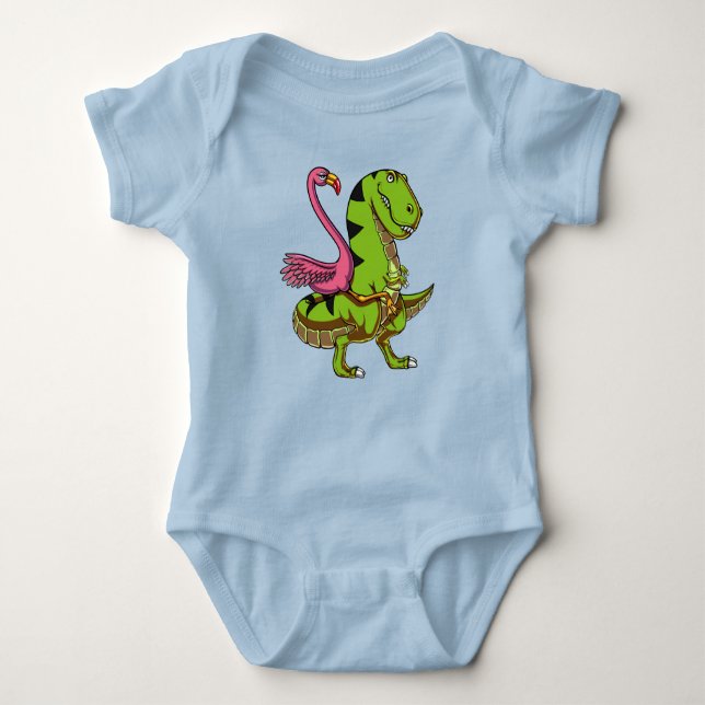 Flamingo Bird Riding T-Rex Dinosaur Baby Bodysuit (Front)