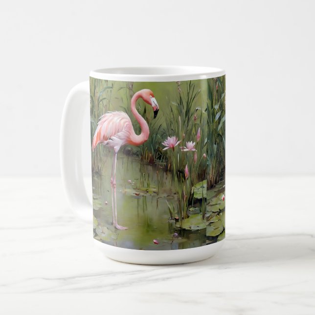 Flamingo Bird Water Lilies And Reeds Oil Painting, Coffee Mug (Front Left)