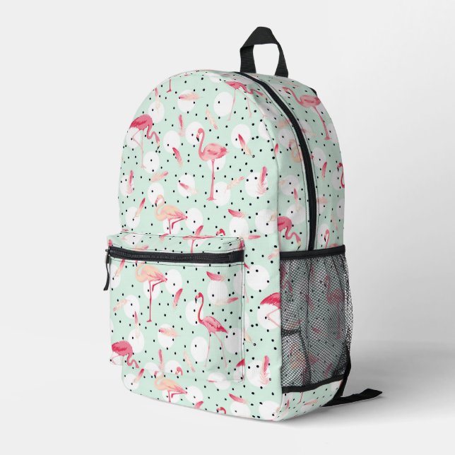 Flamingo Bird With Feathers Printed Backpack (Back Corner Right)