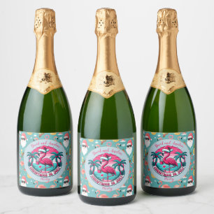 Flamingo Bird with Hat Christmas in July Party Sparkling Wine Label