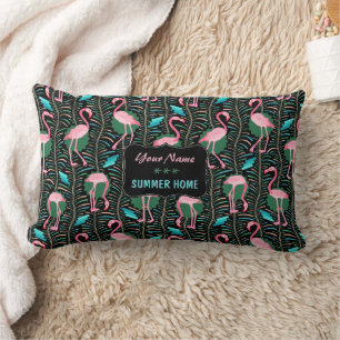 Flamingo Birds 20s Art Deco Ferns Summer Home Name Lumbar Cushion
