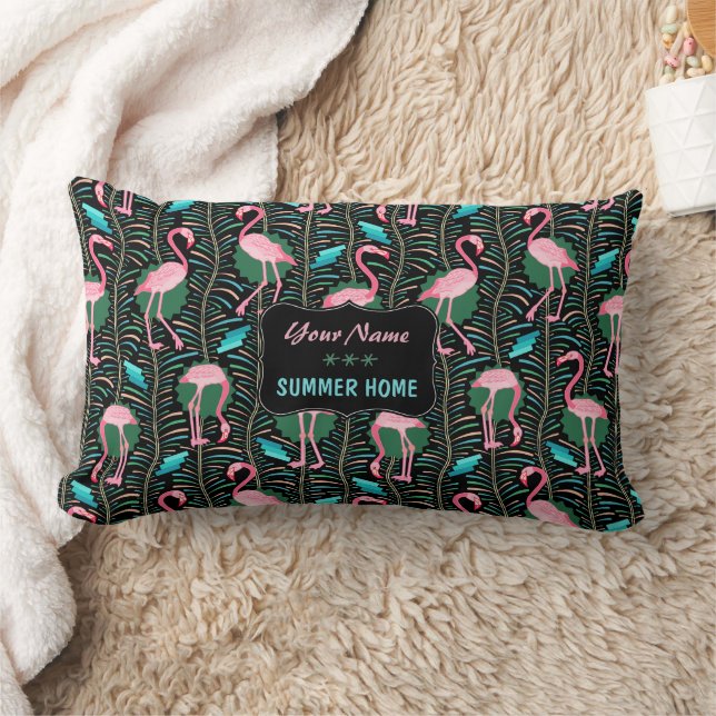 Flamingo Birds 20s Art Deco Ferns Summer Home Name Lumbar Cushion (Blanket)