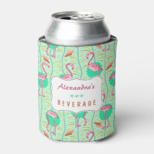Flamingo Birds 20s Deco Fern Pattern Summer Custom Can Cooler