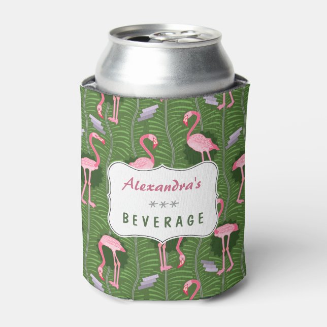 Flamingo Birds 20s Deco Fern Pattern Summer Custom Can Cooler (Can Front)