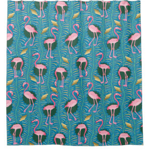 Flamingo Birds 20s Deco Ferns Blue Gold Tropical Shower Curtain