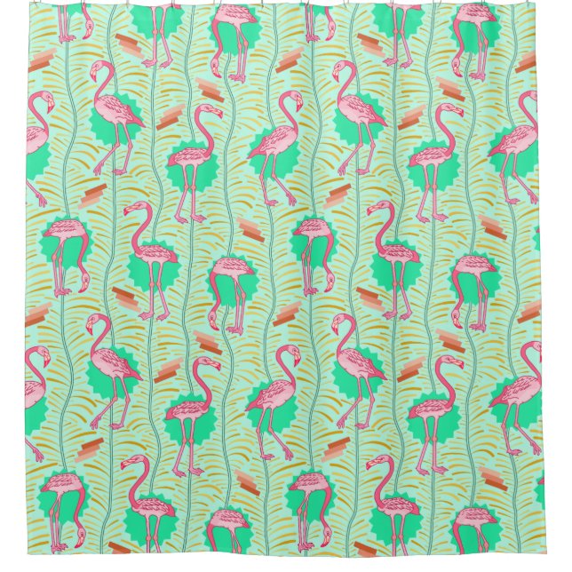 Flamingo Birds 20s Deco Ferns Light Green Tropical Shower Curtain (Front)